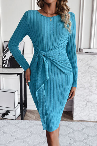 swvws Ribbed Tied Long Sleeve Wrap Dress