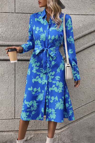 swvws Printed Button Up Tie Waist Dress