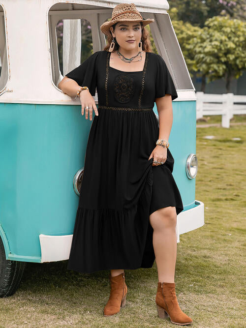 swvws Plus Size Square Neck Short Sleeve Ruffle Hem Dress