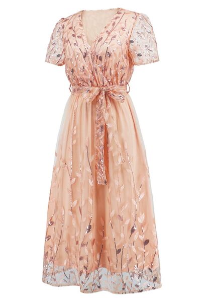 swvws Sequin Leaf Embroidery Tie Front Short Sleeve Dress