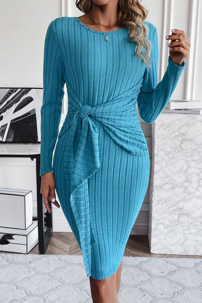 swvws Ribbed Tied Long Sleeve Wrap Dress