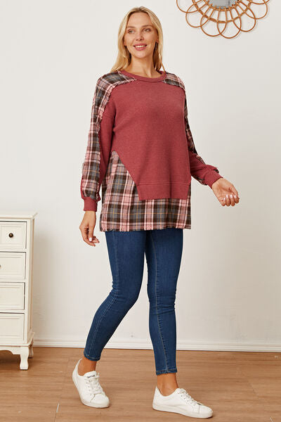 swvws Plaid Round Neck Dropped Shoulder Sweatshirt