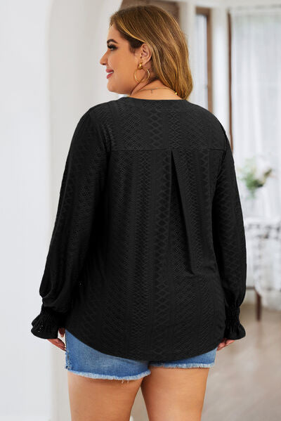 swvws Plus Size Eyelet Notched Flounce Sleeve Blouse