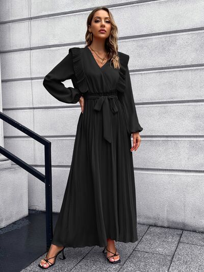 swvws Pleated Surplice Tie Waist Maxi Dress