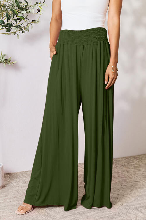 swvws Double Take Full Size Smocked Wide Waistband Wide Leg Pants