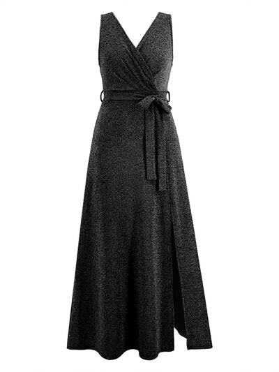 swvws Slit Surplice Tie Waist Sleeveless Dress