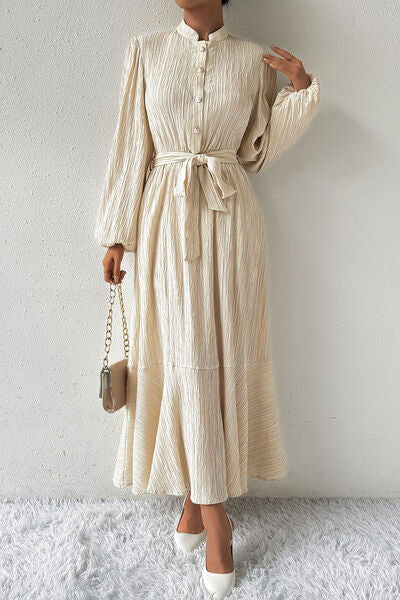 swvws Tied Button Up Balloon Sleeve Dress