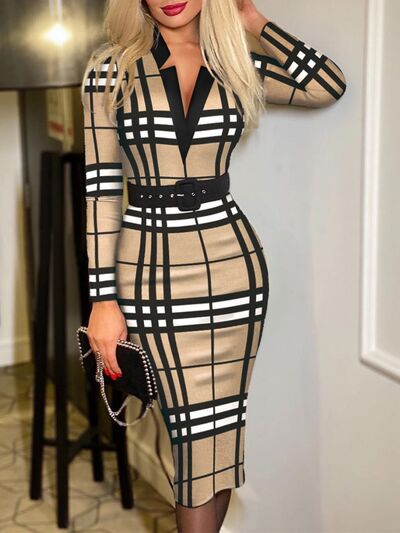 swvws Printed Notched Long Sleeve Wrap Dress