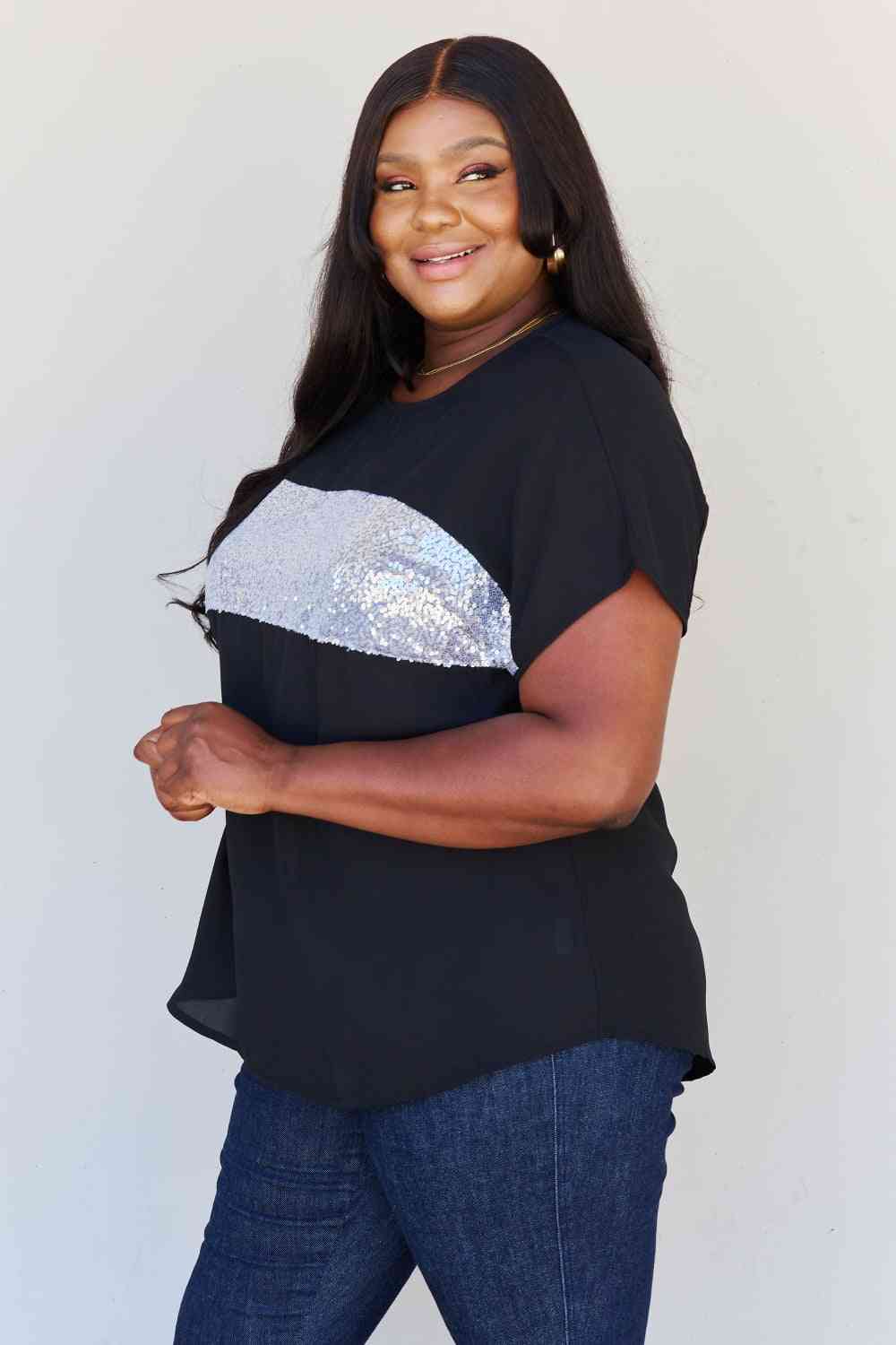 swvws Sew In Love Shine Bright Full Size Center Mesh Sequin Top in Black/Silver