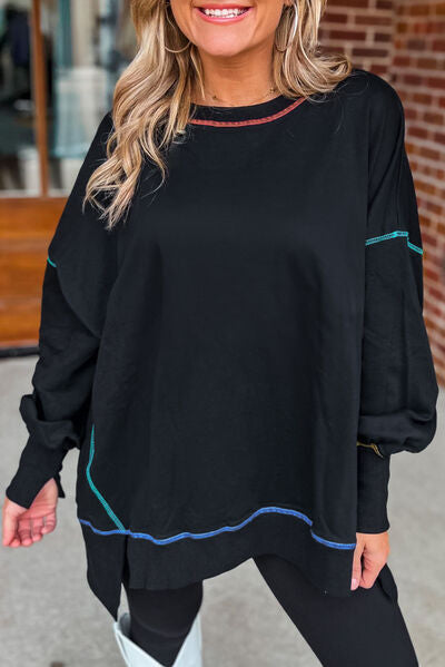 swvws Slit Round Neck Lantern Sleeve Sweatshirt