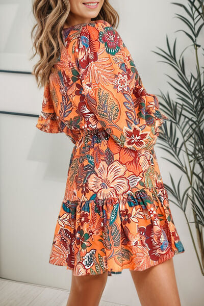 swvws Tropical Print Tie Waist Lantern Sleeve Mini Dress