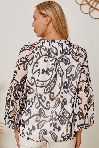 swvws Printed Tie Neck Balloon Sleeve Blouse