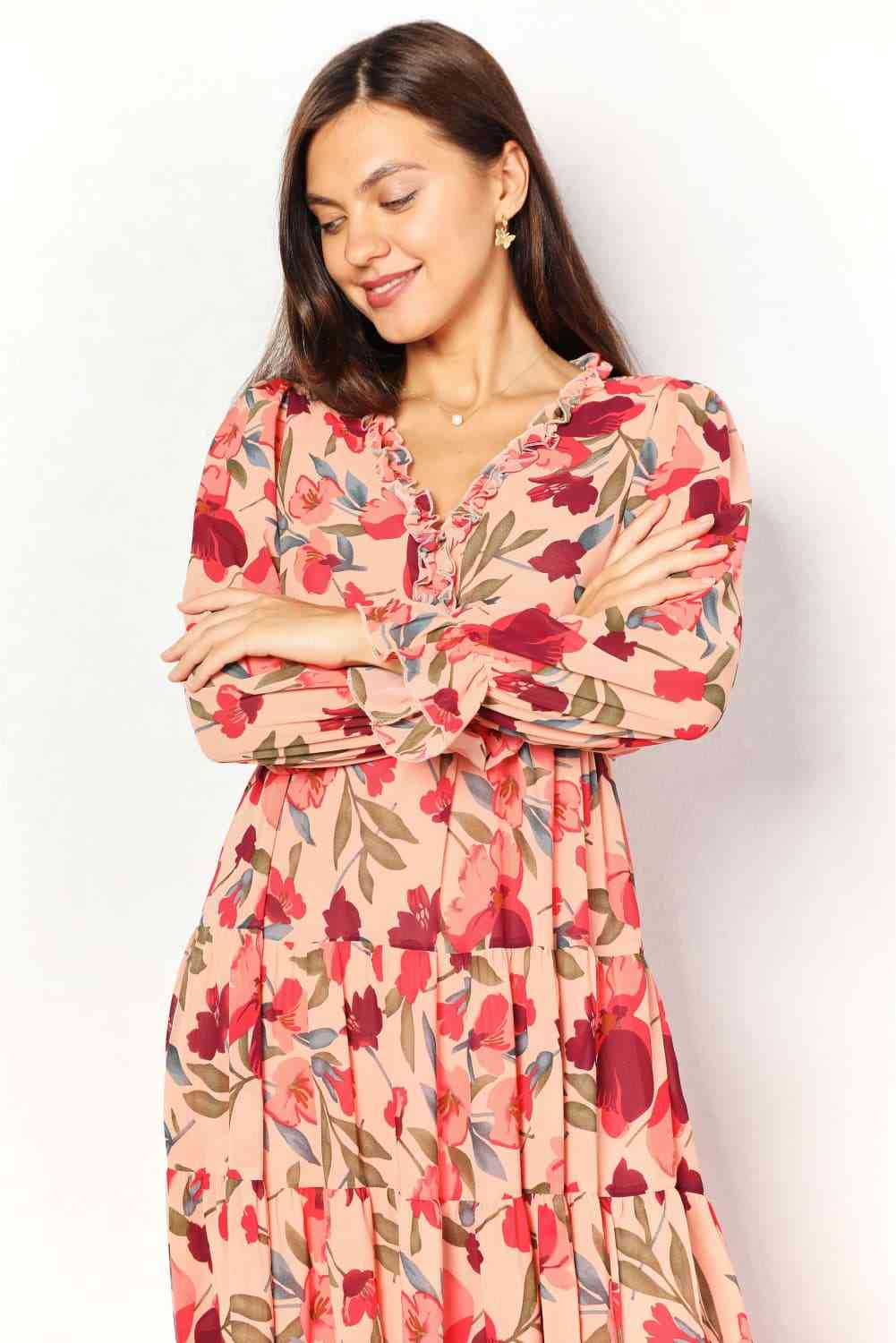 swvws Double Take Floral Frill Trim Flounce Sleeve Plunge Maxi Dress