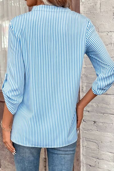 swvws Striped Notched Roll-Tab Sleeve Shirt