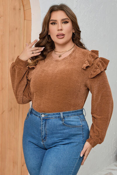 swvws Plus Size Ruffled Round Neck Long Sleeve T-Shirt