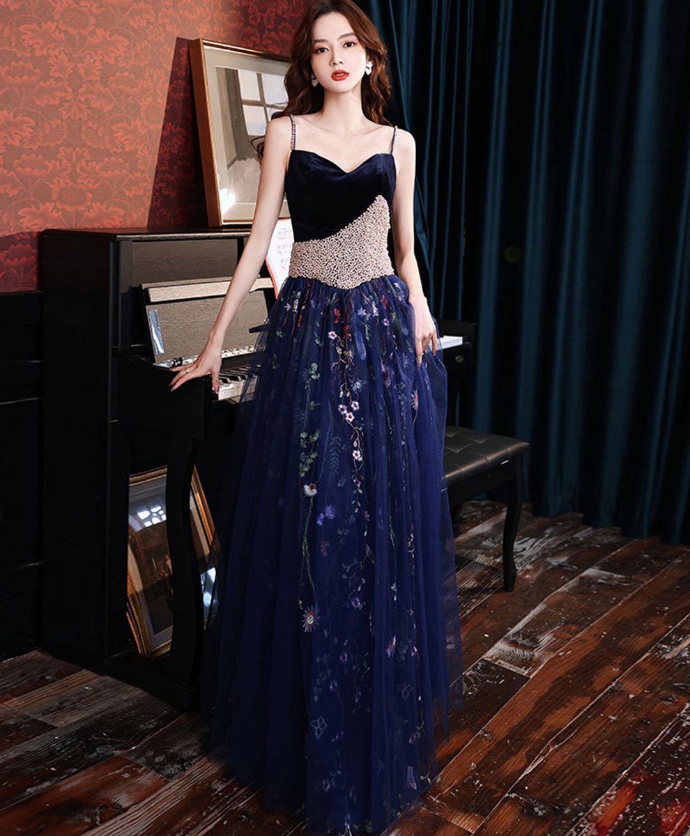 Tmallworld Charming Navy Blue Velvet and Tulle Floral Straps Evening Dress, Blue Formal Dress Prom Dress