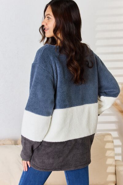 swvws Culture Code Faux Fur Color Block V-Neck Sweater