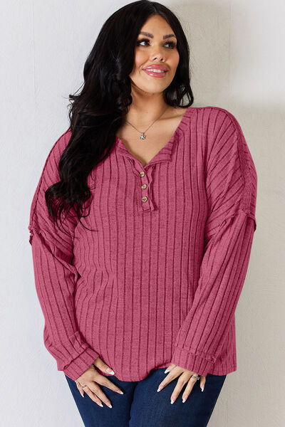 swvws Basic Bae Full Size Ribbed Half Button Long Sleeve T-Shirt