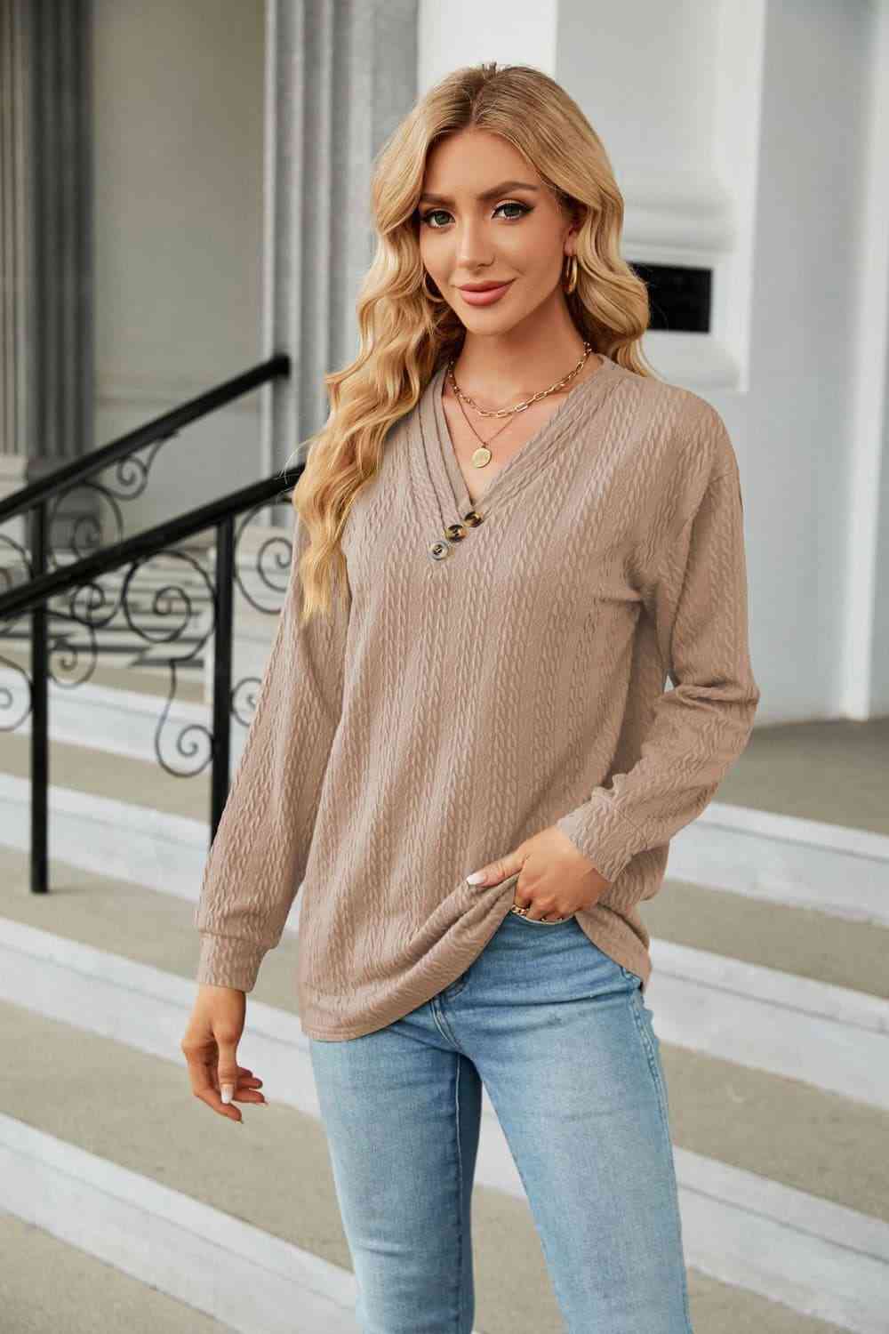 swvws Decorative Button V-Neck Long Sleeve T-Shirt