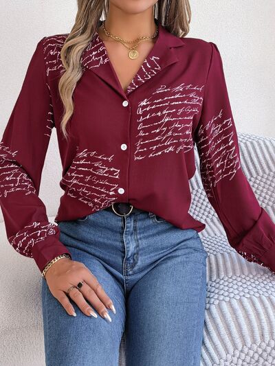 swvws Letter Printed Button Up Long Sleeve Blouse