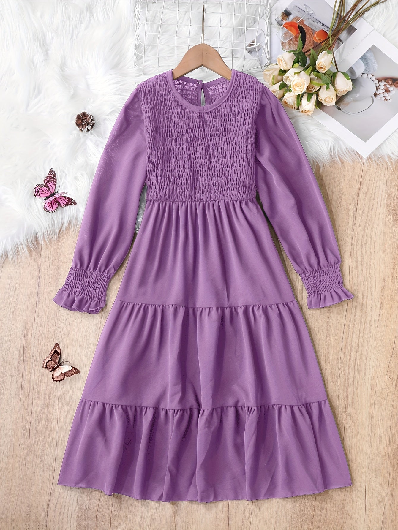 Chic Casual Girls' Summer Dress - Durable Fit & Flare Style with Shirred Detail, Ideal for Parties & Outdoors