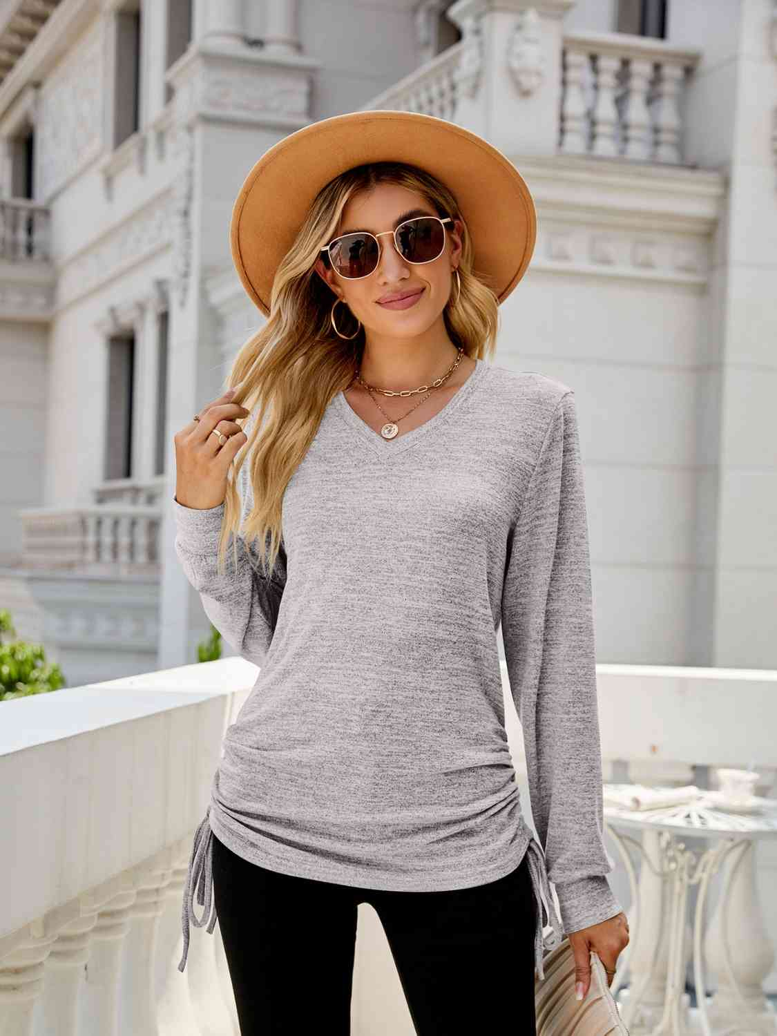 swvws Drawstring V-Neck Long Sleeve T-Shirt