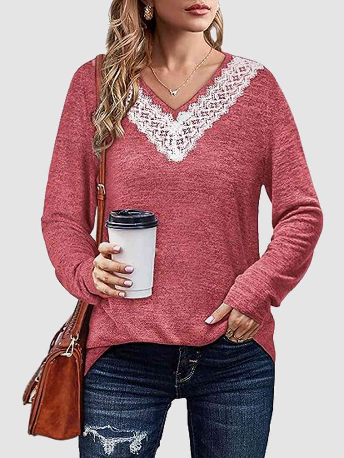 swvws Lace Detail V-Neck Long Sleeve Top