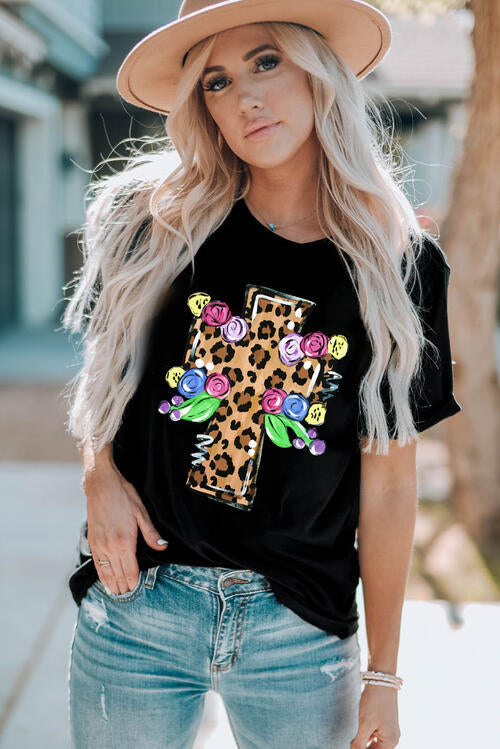 swvws Leopard Cross Graphic Round Neck Short Sleeve T-Shirt