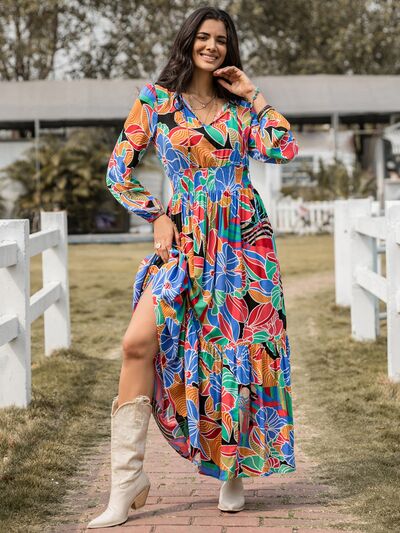 swvws Printed Smocked Tie Neck Balloon Sleeve Maxi Dress