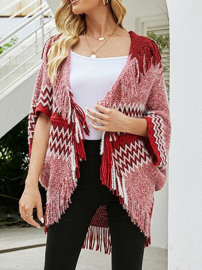 swvws Geometric Fringe Open Front Cardigan