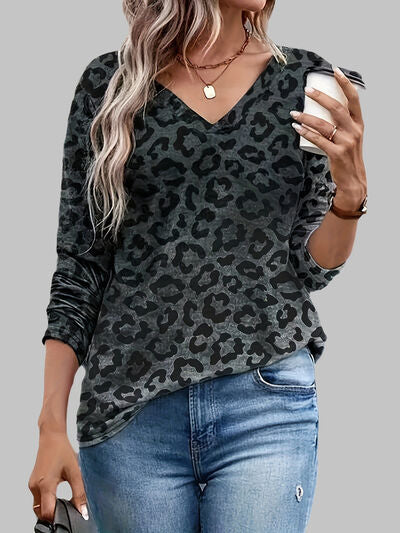 swvws Leopard V-Neck Long Sleeve T-Shirt