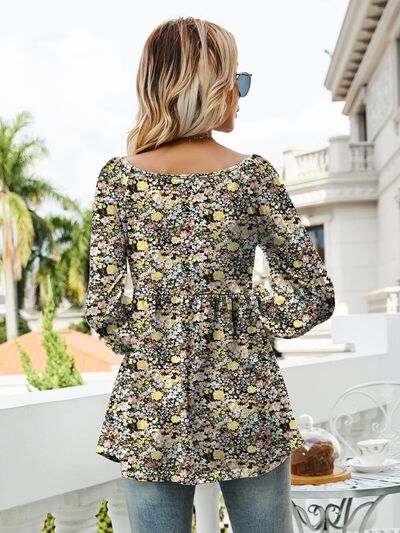 swvws Printed Scoop Neck Lantern Sleeve Blouse