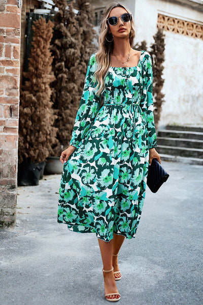 swvws Printed Balloon Sleeve Pocketed Midi Dress