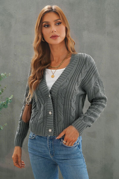 swvws Cable-Knit Button Up Dropped Shoulder Cardigan