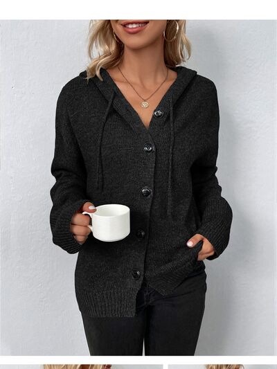 swvws Drawstring Button Up Hooded Cardigan