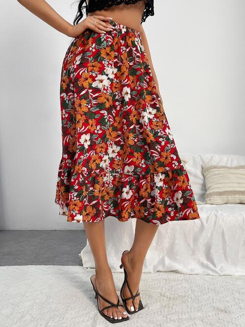 swvws Printed Ruffle Hem Midi Skirt