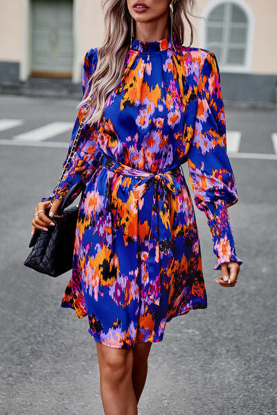 swvws Printed Tie Waist Mock Neck Lantern Sleeve Dress