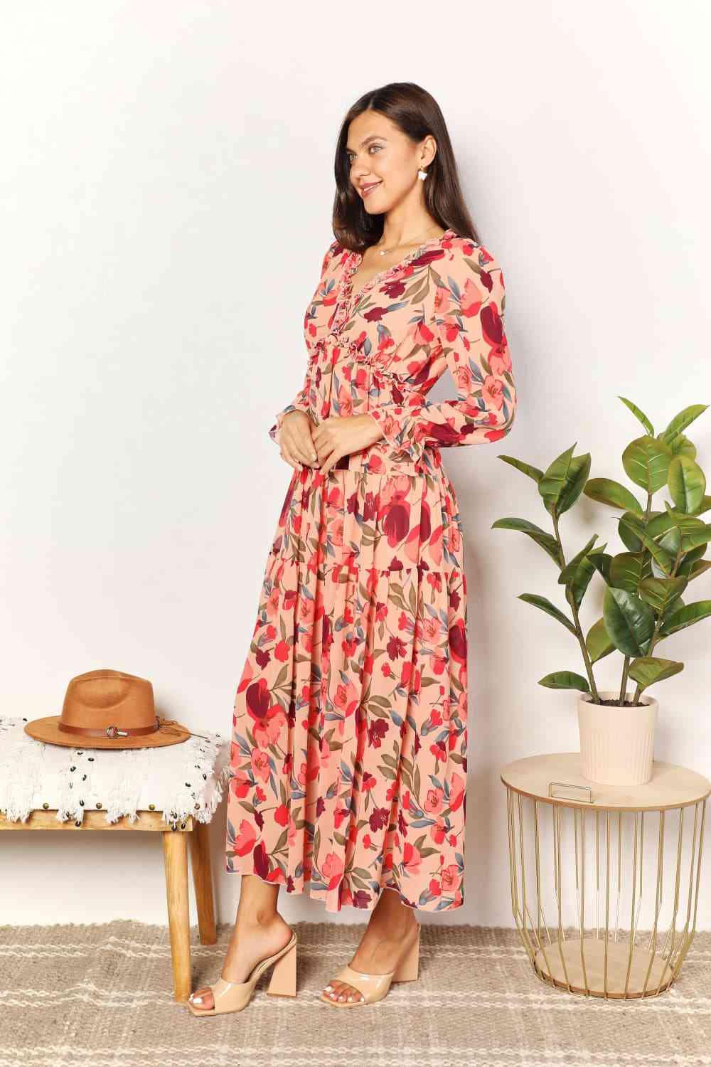 swvws Double Take Floral Frill Trim Flounce Sleeve Plunge Maxi Dress