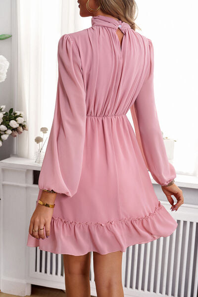 swvws Frill Ruched Mock Neck Balloon Sleeve Dress