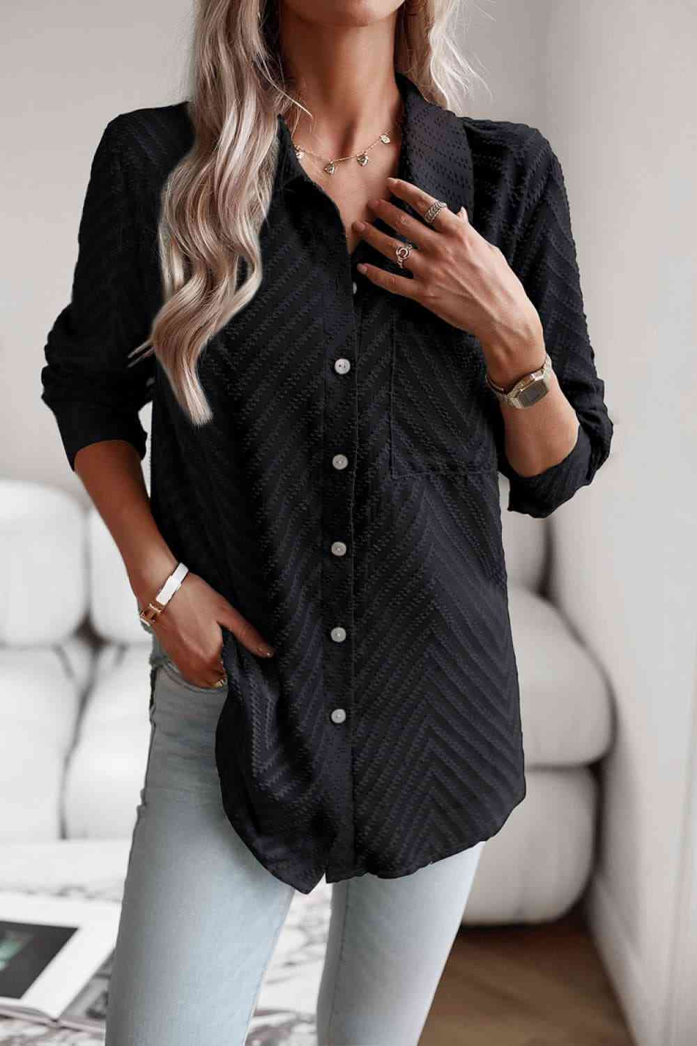 swvws Collared Neck Long Sleeve Pocketed Shirt