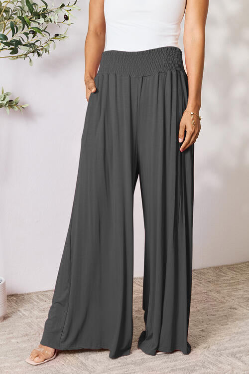 swvws Double Take Full Size Smocked Wide Waistband Wide Leg Pants