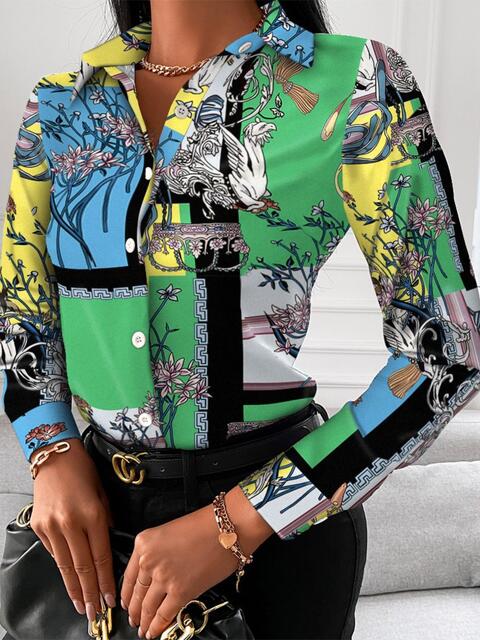 swvws Printed Collared Neck Long Sleeve Shirt