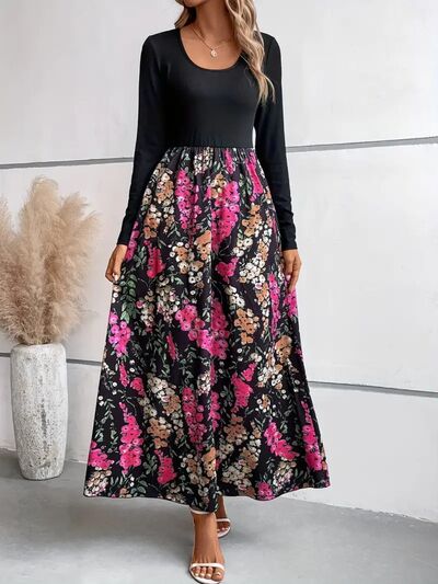 swvws Floral Round Neck Long Sleeve Maxi Dress