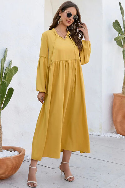 swvws Ruched Tie Neck Balloon Sleeve Midi Dress