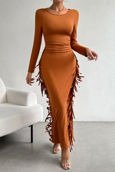 swvws Fringe Slit Round Neck Wrap Dress