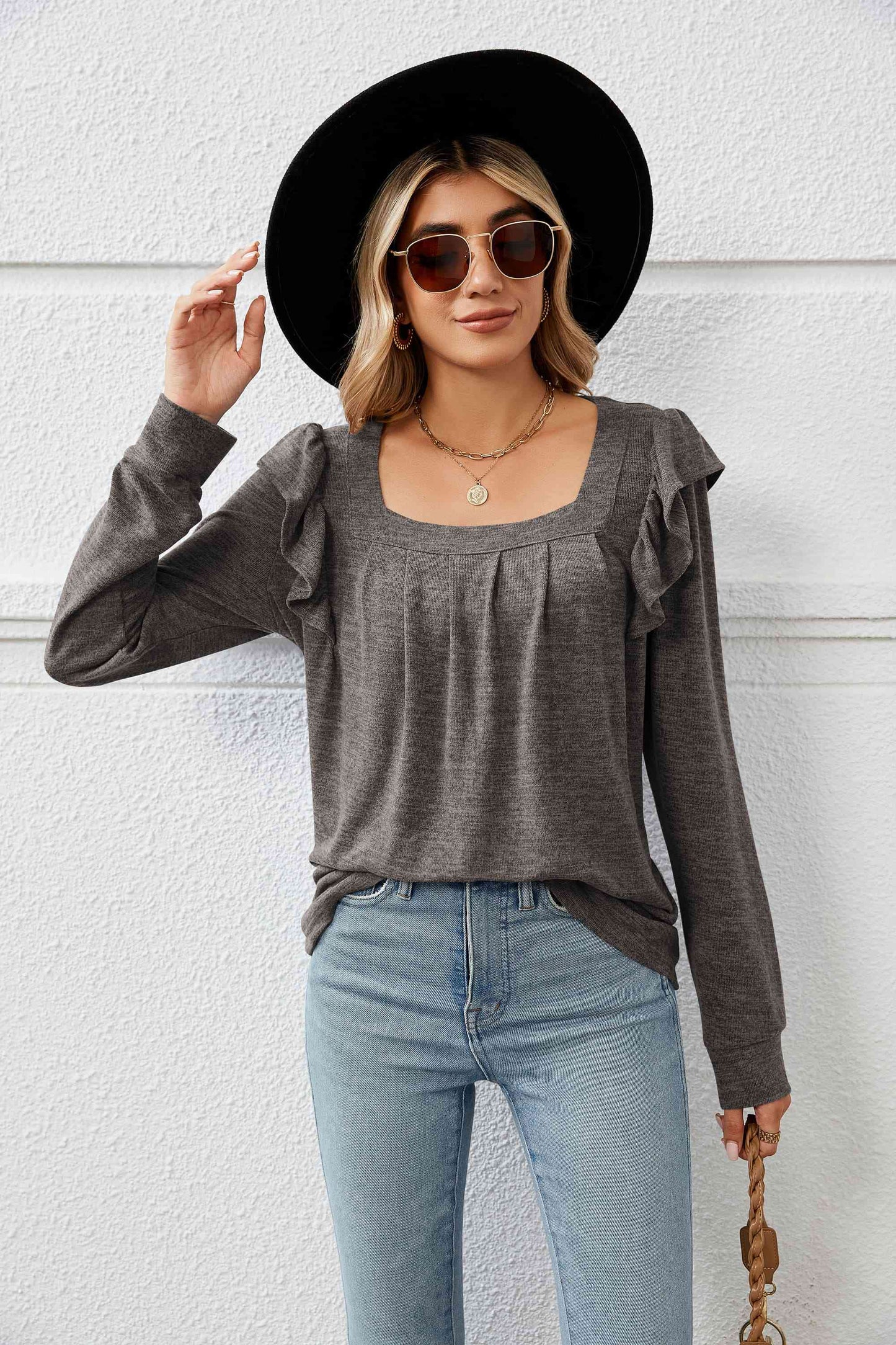 swvws Square Neck Ruffle Shoulder Long Sleeve T-Shirt