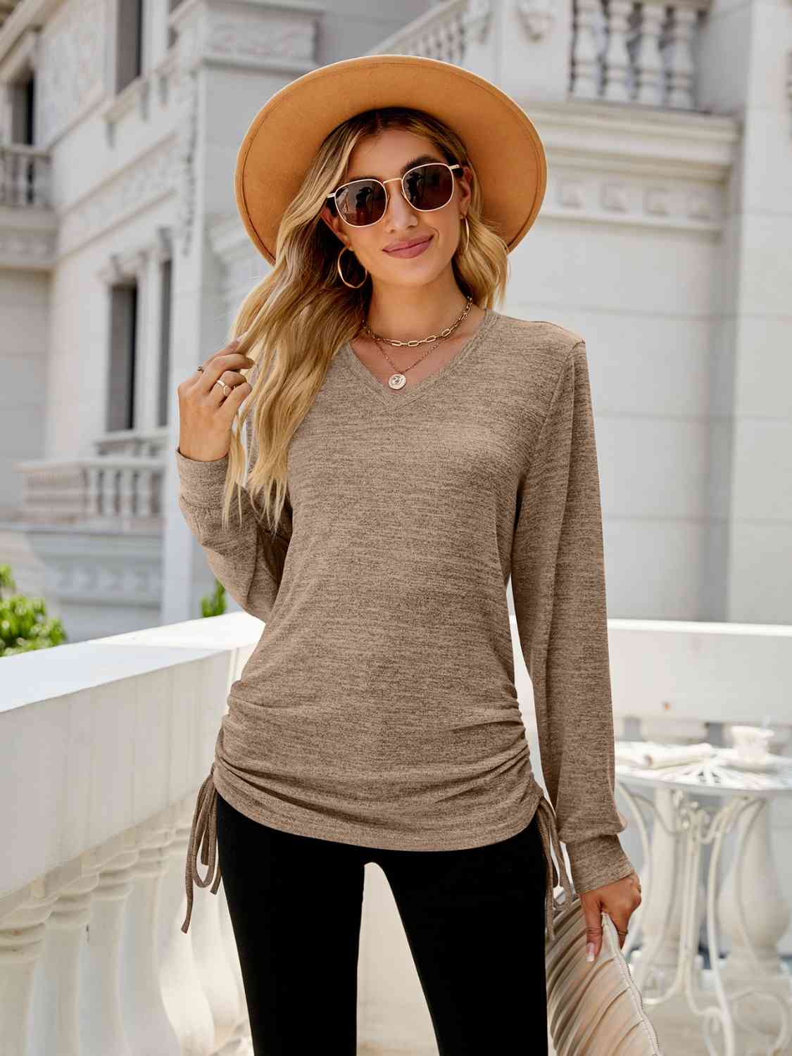 swvws Drawstring V-Neck Long Sleeve T-Shirt