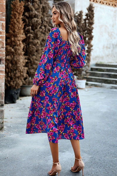 swvws Printed Balloon Sleeve Pocketed Midi Dress