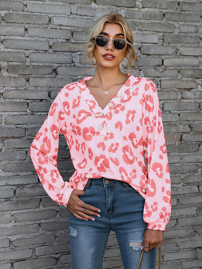 swvws Leopard V-Neck Decorative Button Long Sleeve Blouse