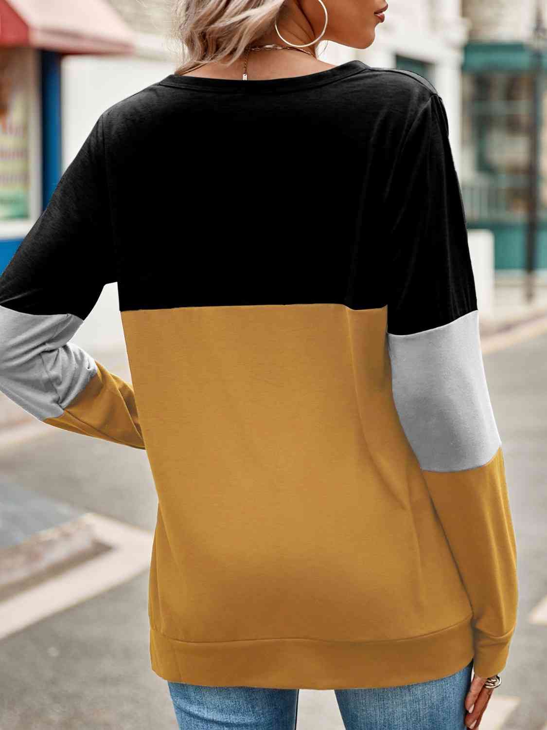 swvws Color Block Cutout Round Neck Long Sleeve T-Shirt